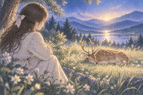 静かに横たわる鹿を見送る女性