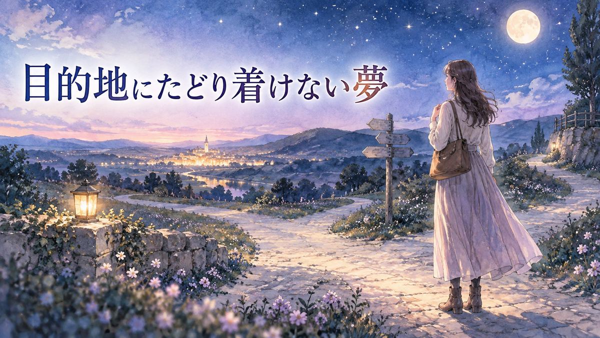 夜の道の分岐点で目的地を見つめる大人の女性と遠くに見える灯り