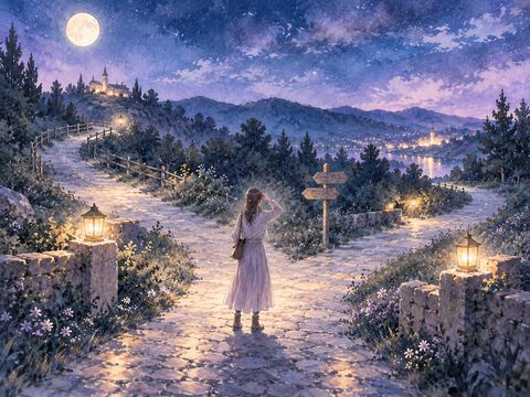 月明かりの夜道で分かれ道の前に立ち迷う人物