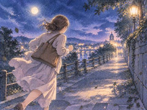 月明かりの夜道を急いで走る女性