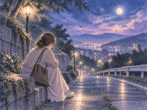 夜の道端で立ち止まり遠くを見つめる人物