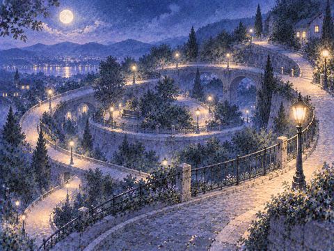 同じような夜道が円環のようにつながって見える幻想的な風景