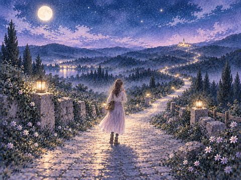 長い夜道を歩き続ける人物と遠くの灯り