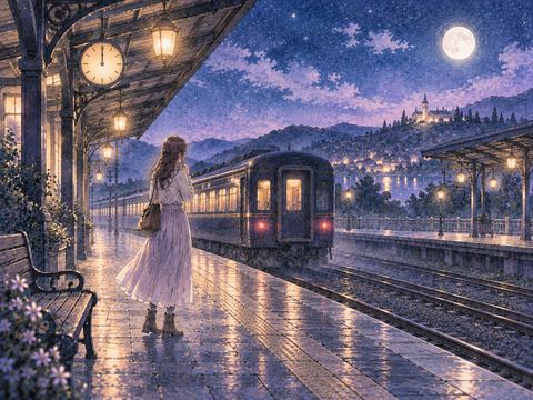 夜の駅で乗り換えに迷う女性と電車