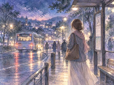 夜のバス停で出発するバスを見送る人物