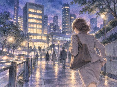 夜道の先に見える職場の建物へ急ぐ女性