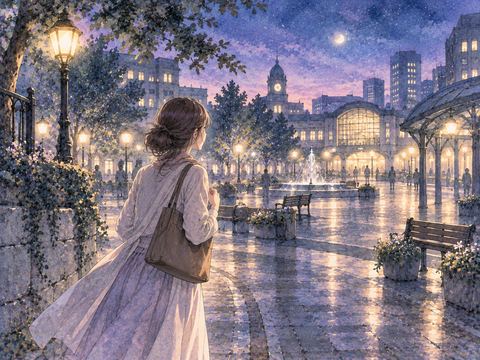 夜の待ち合わせ場所へ向かう女性と遠くの小さな灯り