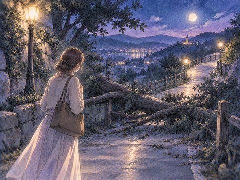 夜道をふさぐ障害物の前で立ち止まる人物