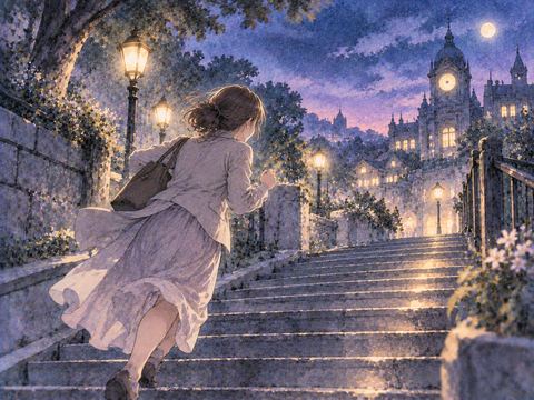 夜の階段を急いで駆け上がる女性と遠くの時計塔の影