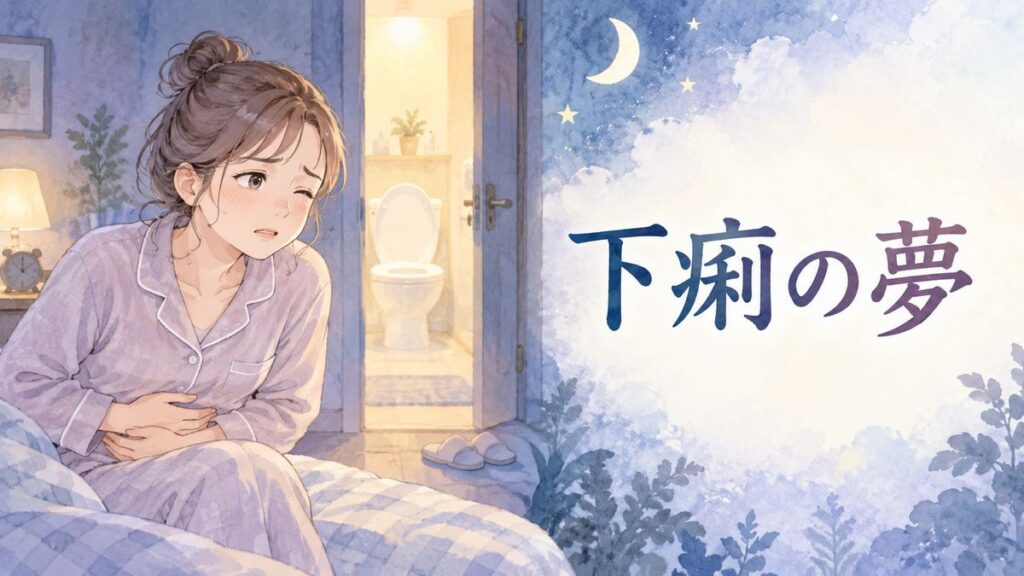 お腹を押さえる女性と夜のトイレの扉