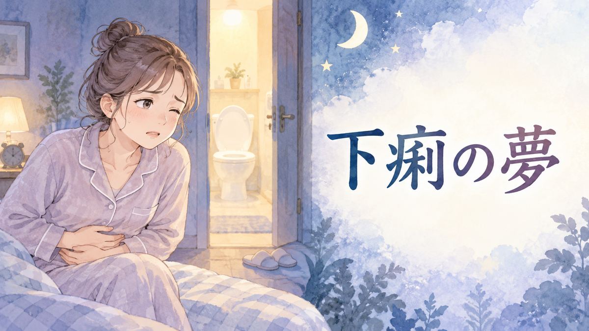 お腹を押さえる女性と夜のトイレの扉