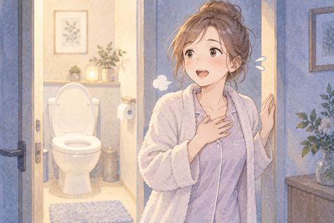 トイレで驚きつつ安堵する女性