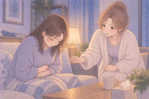 体調を崩した知人を見つめる女性
