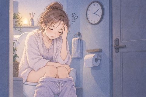 トイレで疲れた表情を浮かべる女性