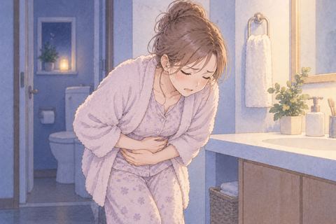 腹部を押さえてうずくまる女性