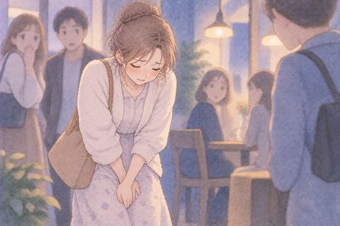 人前で恥ずかしそうに俯く女性