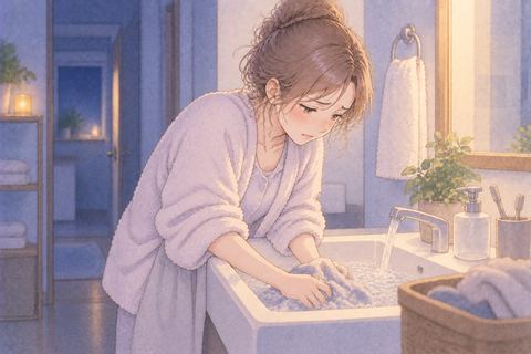 洗面台で服を洗う女性