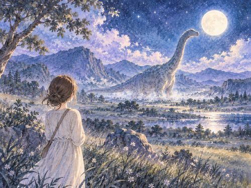 夜の草原で遠くの巨大な恐竜を眺める女性