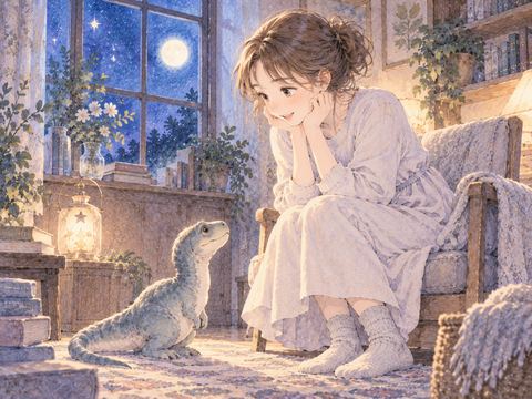 小さな恐竜を優しく見つめる女性