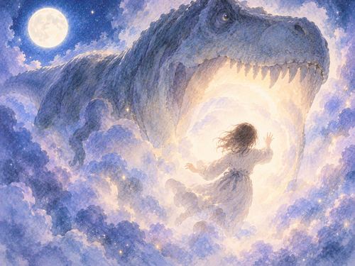 巨大な恐竜の影と光に包まれる人物の夢景色