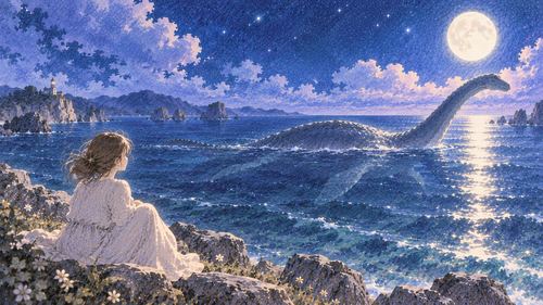 月夜の海をゆっくり泳ぐ巨大な恐竜