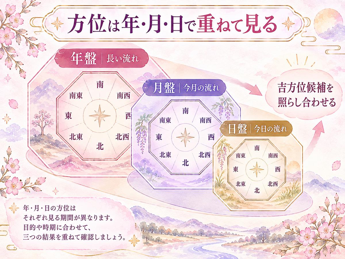 年盤・月盤・日盤の三つの方位盤を重ね、吉方位候補を時期に応じて照らし合わせる考え方を示した図