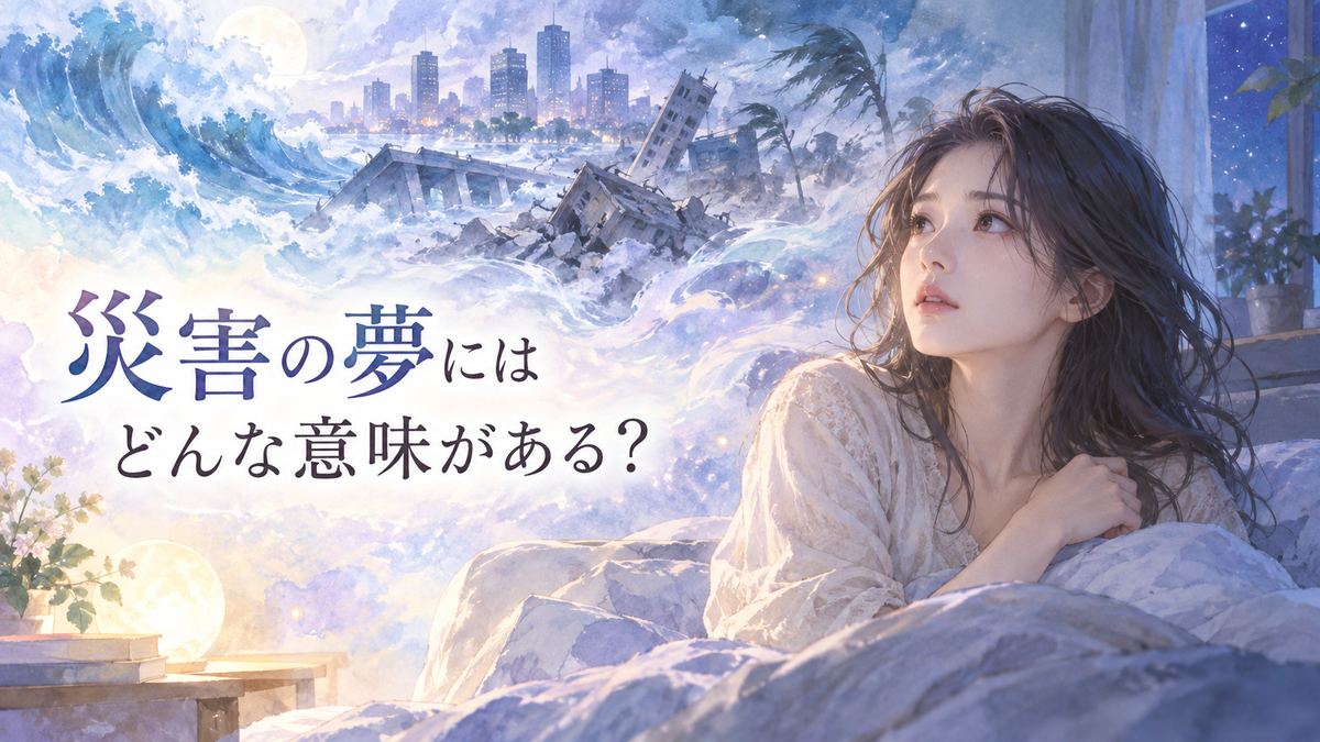 目覚めた女性と夢の中に浮かぶ災害の街並み