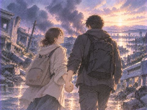 災害の中で手をつないで進む二人の夢