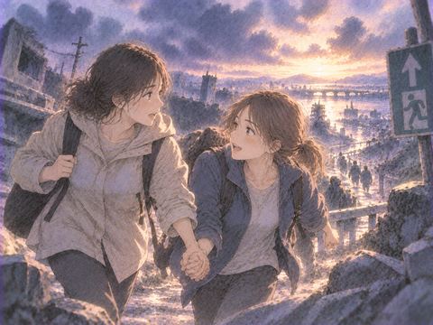 災害の中で声を掛け合い避難する友達の夢