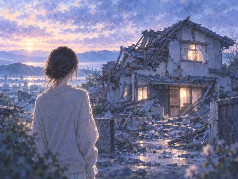 災害後の大切な家を静かに見つめる夢の風景