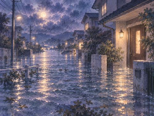 道路や家の周囲へ水が広がる洪水の夢