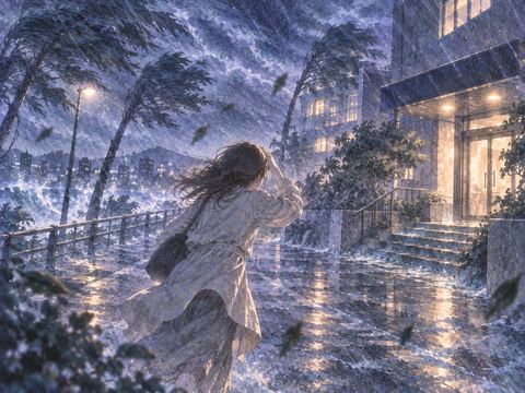強い風雨の中で建物へ向かう台風の夢