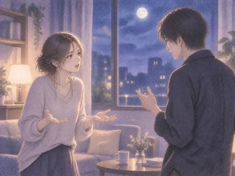 夜の室内で言い争う二人
