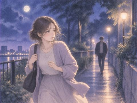 夜道で後ろを気にしながら離れていく女性