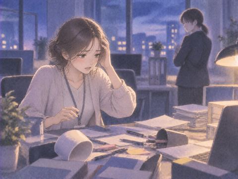 机の上を乱されて困った表情をする女性