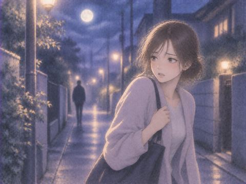 夜道で背後の人影を気にする女性