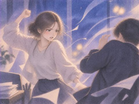強い怒りをこらえながら腕を振り上げる女性