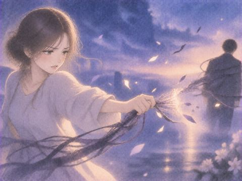 相手との間の糸を断ち切るように手を伸ばす女性