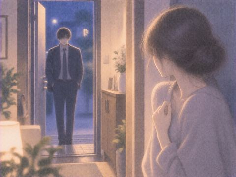 玄関に立つ苦手な相手を部屋の奥から見る女性
