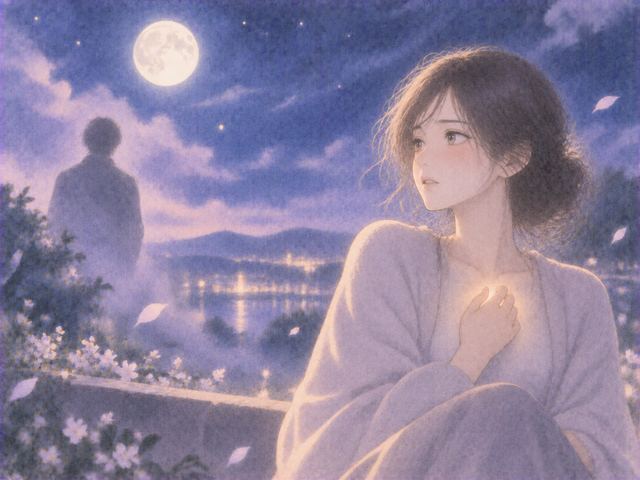 月明かりの中で夢の人影と自分の心を静かに見つめる女性