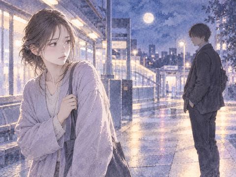 少し身構える女性と離れて立つ男性