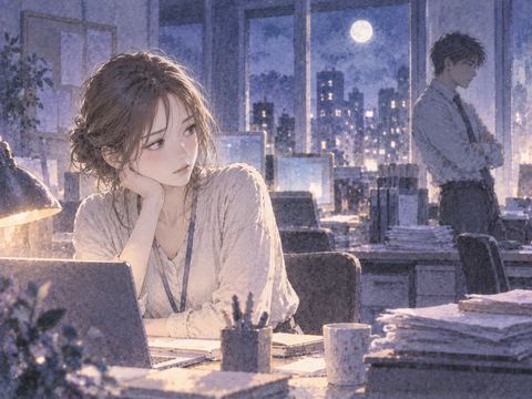 夜のオフィスで距離を置く二人の仕事仲間