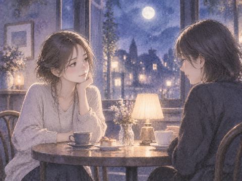 静かな夜のカフェで穏やかに座る二人