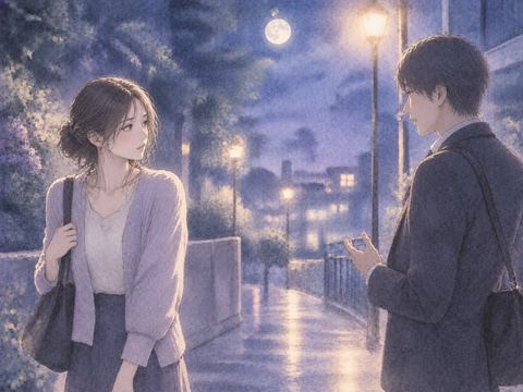 静かな夜道で距離を保ちながら話す二人