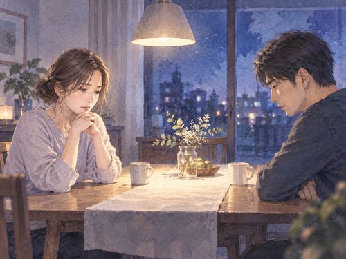 夜の食卓で距離を置いて向かい合う夫婦