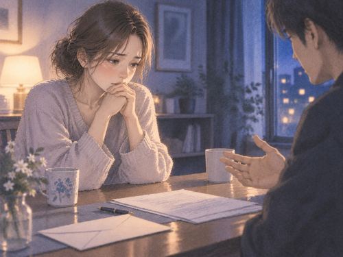 夜の食卓と封筒を鮮明に見つめる女性