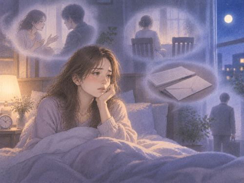 夜の寝室で同じ夢の残像に囲まれる女性