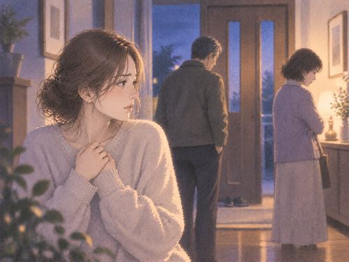 夜の家で離れて立つ両親を見つめる大人の娘