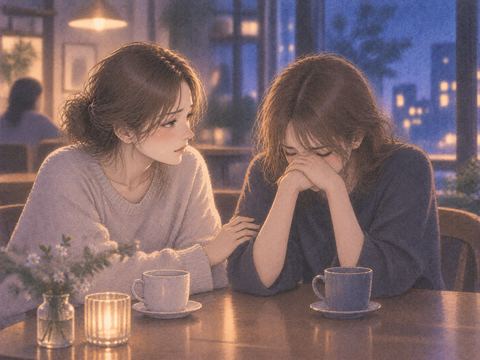 夜のカフェで落ち込む友達に寄り添う女性