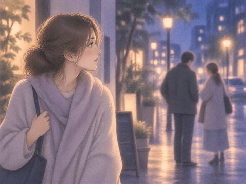夜の街で少し離れた知り合いを見つめる女性